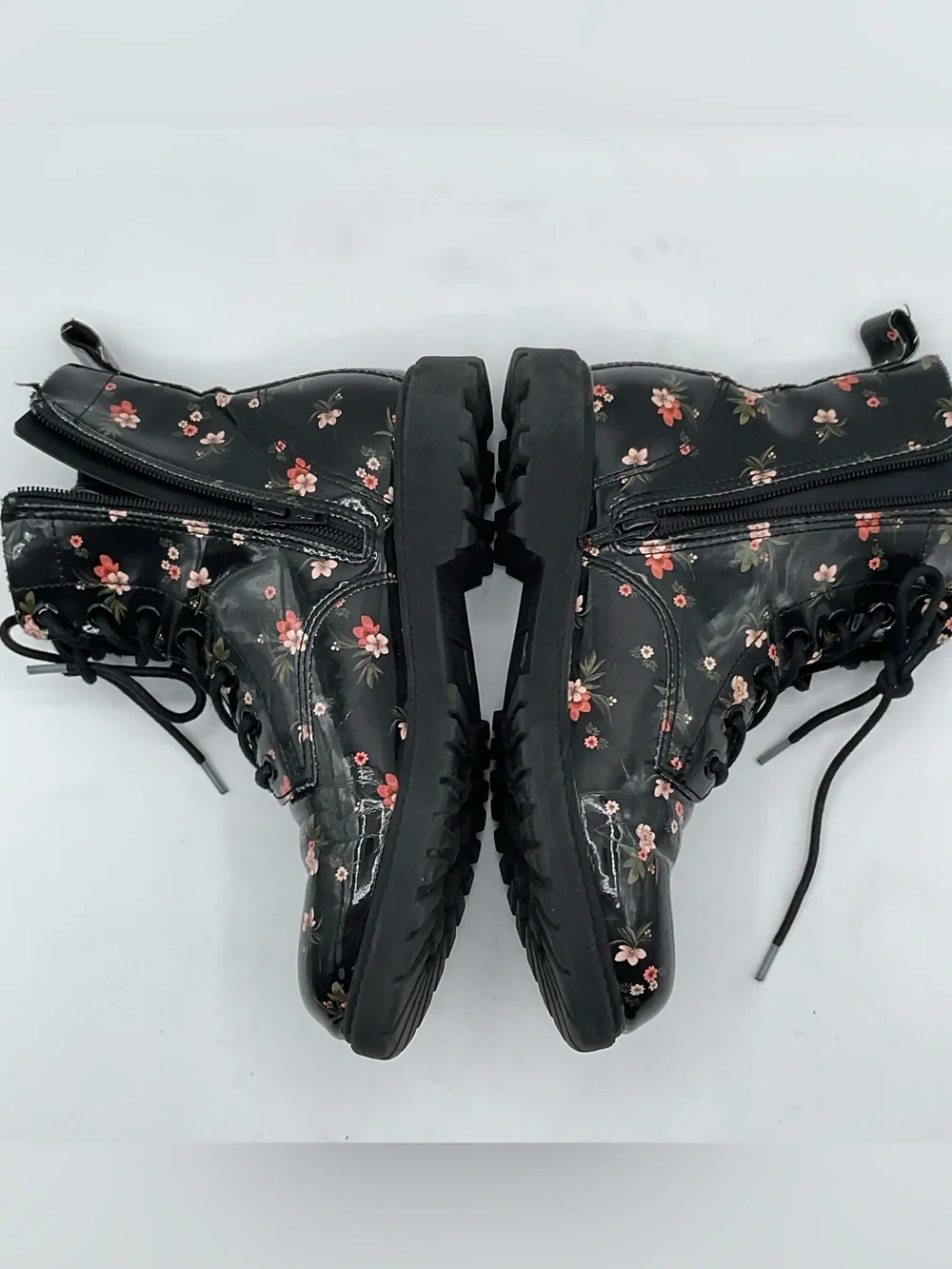 H&M Floral Patent Combat Boots Size 4 Black Lace Up Side Zip